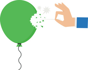 Hand pushing needle to pop the balloon. Business concept
