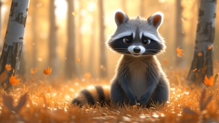 a painting of a raccoon sitting in the middle of a forest with leaves on it's ground.