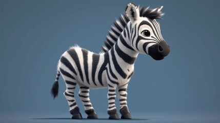 a 3d rendering of a zebra standing on a blue surface with its head turned to the side and eyes wide open.