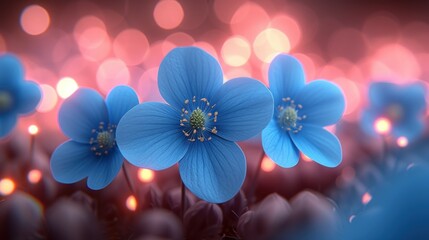 a group of blue flowers sitting next to each other on top of a lush green field of purple and red flowers.