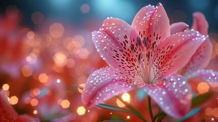 a close up of a pink flower with drops of water on it and blurry lights in the back ground.
