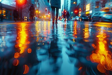Pedestrians on wet city streets Reflecting city lights, urban ambiance - obrazy, fototapety, plakaty