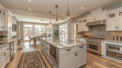 a large kitchen with a center island in the middle of the room and lots of counter space on the other side of the room.