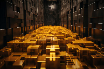 Fototapeta premium a very large room with many golden block shapes on the floor and walls, in the style of 3D rendering