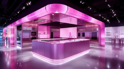 a kitchen with a pink counter top and a bar in the middle of the room with stools and a table in the middle of the room.