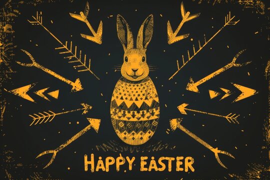 a black happy easter background with a rabbit's egg and arrows in the background Generative AI