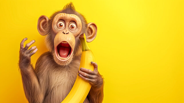 Primate holding banana with fawn snout, in happy gesture on yellow background, copy space
