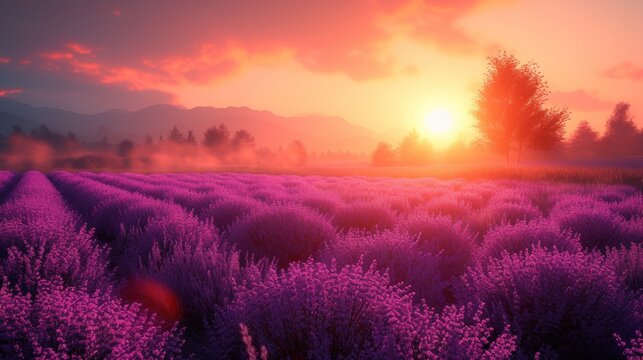 a field of lavender flowers at sunset with the sun setting over the mountains in the distance and the clouds in the sky. © Shanti