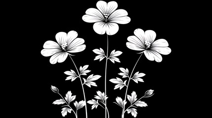 a black and white drawing of a bunch of flowers on a black background with a white outline of the flowers.