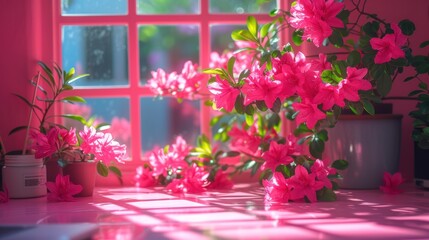 Fototapeta na wymiar a pink room with pink flowers in the window sill and a potted plant in front of the window.