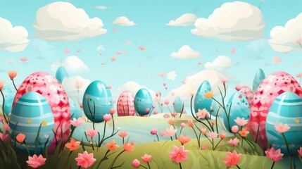 Fototapeta na wymiar Easter Scene With Blue Eggs and Pink Flowers