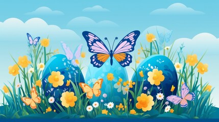 Blue Egg With Butterfly in a Field of Flowers