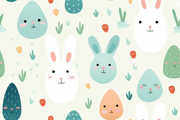Pattern of Rabbits and Cactuses on White Background