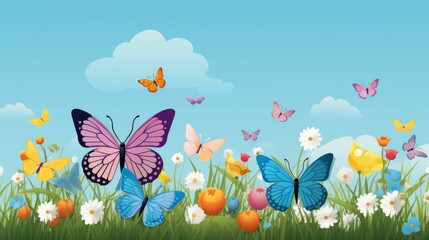 Fototapeta na wymiar A Bunch of Butterflies Flying Over a Field of Flowers
