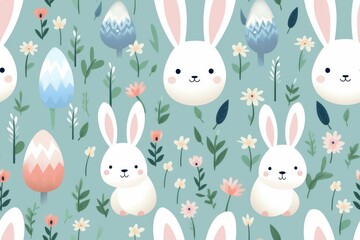 Pattern of Rabbits and Flowers on Blue Background