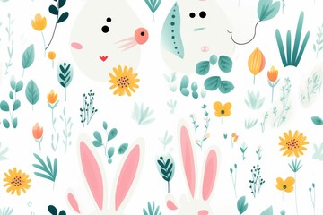 Pattern of Rabbits and Flowers on a White Background