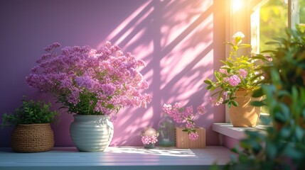a window sill with a vase of flowers next to a window and a potted plant on the window sill.