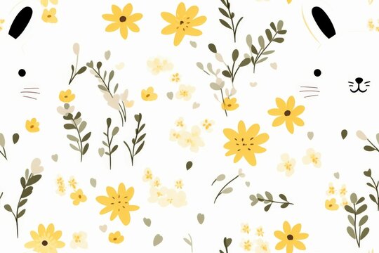 A White Background With Yellow Flowers and a Cats Face