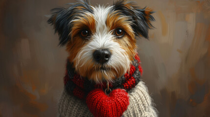 a close up of a dog wearing a sweater with a scarf around it's neck and a red scarf around its neck.