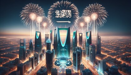 Illustration of a cityscape in saudi arabia during a celebration at night. - obrazy, fototapety, plakaty