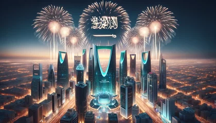 Deurstickers Illustration of a cityscape in saudi arabia during a celebration at night. © Milano