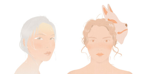 beautiful young women Japanese Yuki Onna yokai ghostly snow woman and Kitsune yokai trickster foxes from traditional Japanese folklore supernatural magical creatures with transparent background