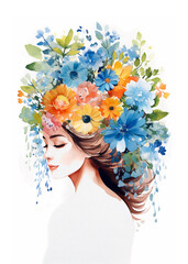 Watercolor young pretty woman with flowers in hair