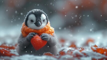 a penguin wearing a scarf and holding a heart in a pile of leaves on a snowy day with snow falling on the ground.