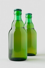 Green steinie beer bottle mockup on a grey background.