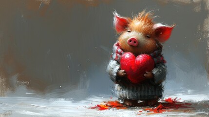 a painting of a pig holding a heart with blood all over it's body and chest, on a gray background.