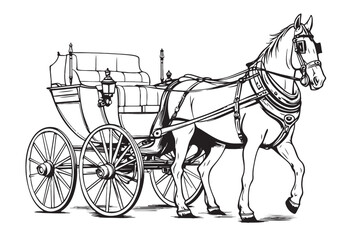 Fototapeta na wymiar Horse carriage. Coachman on an old victorian Chariot. Animal-powered public transport. Hand drawn engraved sketch.