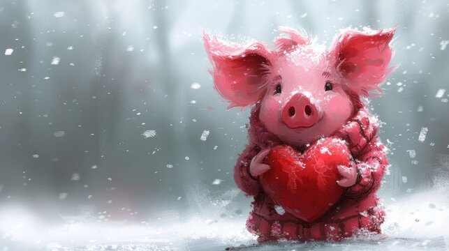 a painting of a pig holding a heart in a snowy forest with snow falling on the ground and trees in the background.