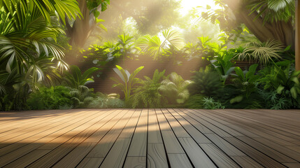 Wood floor with Tropical Garden and wall, inviting and peaceful outdoor retreat.
