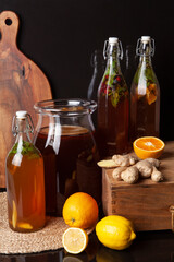 Kombucha (also tea mushroom, tea fungus, or Manchurian mushroom) - second fermented fruit tea with different flavorings. Healthy natural probiotic flavored drink