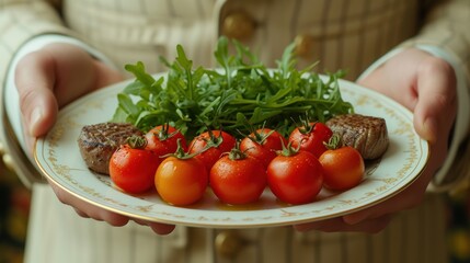 a person holding a plate with a bunch of tomatoes and meat on top of a bed of lettuce.