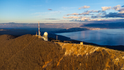 Aerial view of Mount Učka and Vojak Peak overlooking Opatija in Croatia сaptured from a drone