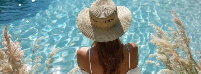 woman in white with straw hat on beach at a swimming pool