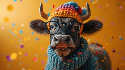 a cow wearing a knitted hat, glasses, and a knitted scarf with confetti on it.