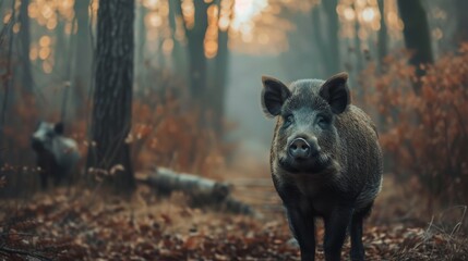 Wild boar stands in the forest and looks at the camera large copyspace area