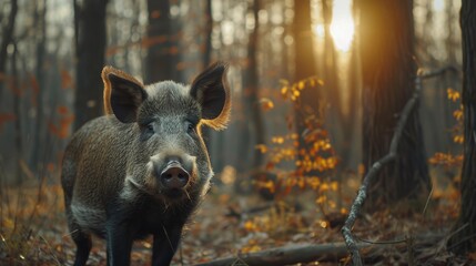 Wild boar stands in the forest and looks at the camera large copyspace area - obrazy, fototapety, plakaty