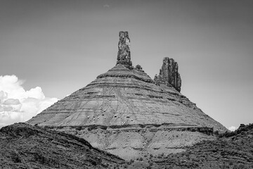 Sandstone spires and formations in the arid desert landscape of Utah, USA. Black and White Art...