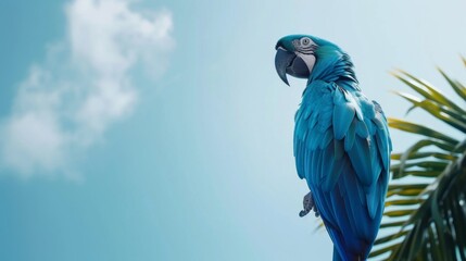 Beautiful blue big parrot on a tropical background.
