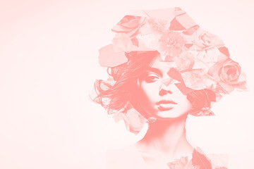 An artistic image with a soft pink overlay featuring a woman's face merged with abstract shapes and floral elements, creating an ethereal, dreamlike portrait.