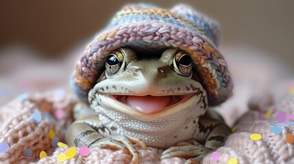 a smiling frog with a knitted hat on top of it's head sitting on a blanket with confetti sprinkles.
