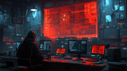 Cybercrime. Cyber attack. Anonymous hacker, immersed in high-tech control room. Cybersecurity. Generative AI