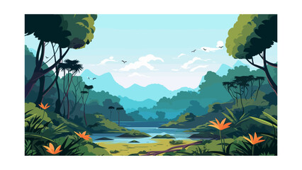 Beautiful view of the jungle. Vector illustration in cartoon style