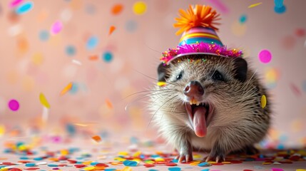 Fototapeta na wymiar a small rodent with a party hat on it's head yawns while surrounded by confetti and streamers.