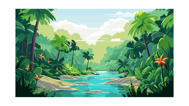 Beautiful view of the jungle. Vector illustration in cartoon style