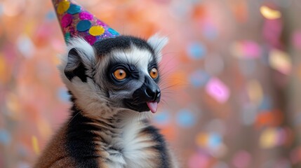 Naklejka premium a close up of a lemura wearing a party hat with confetti on it's head.