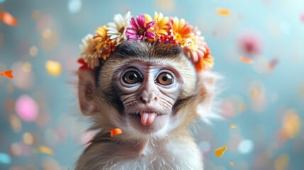 a close up of a monkey with a flower crown on it's head with confetti on it's head.